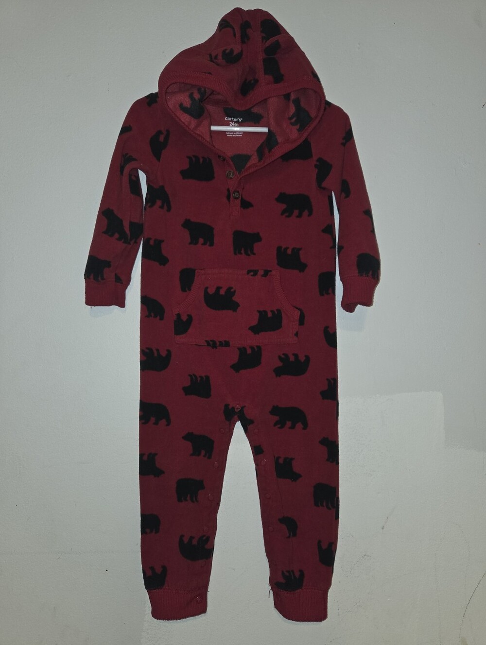 Carter's Cozy Fleece Red Hooded Bear Print Onesie 24 Months